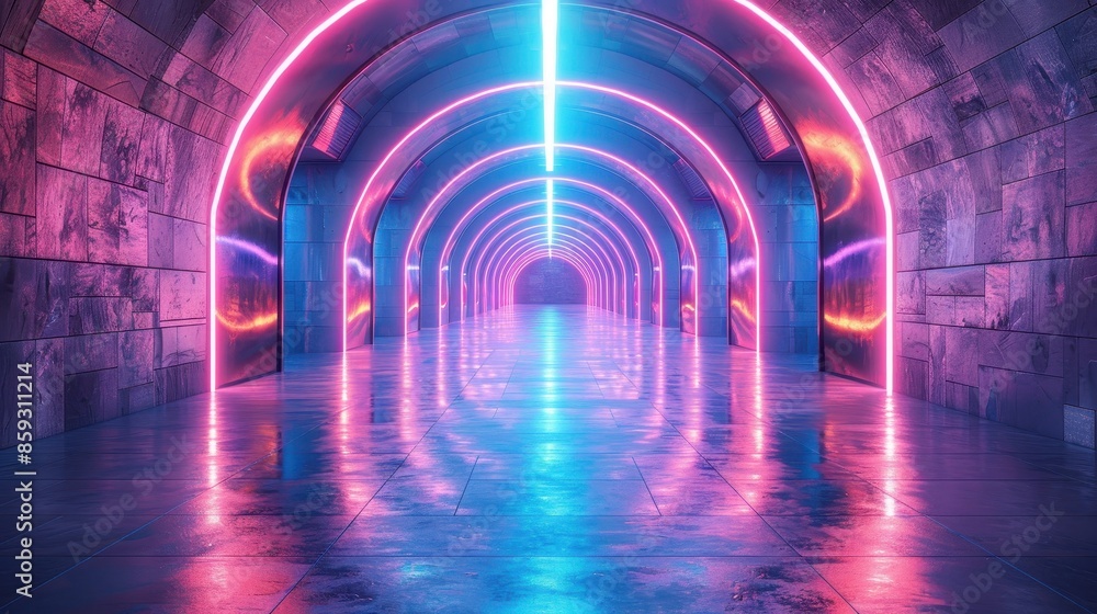 Poster a striking neon-lit tunnel featuring multiple arches and highly reflective surfaces, creating a capt