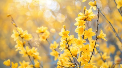 Forsythia bush with yellow flowers in spring with selective focus Copy space in the background © AkuAku