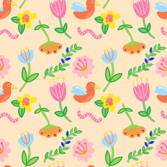 Colorful birds and flowers seamless pattern