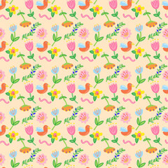 Colorful birds and flowers seamless pattern