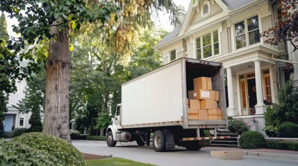 Movers loading furniture into a truck in front of a house