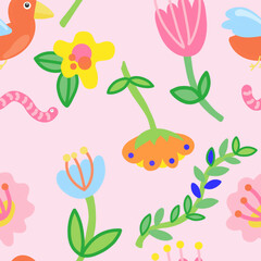 Colorful birds and flowers seamless pattern