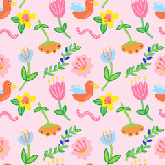 Colorful birds and flowers seamless pattern