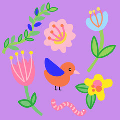 Colorful birds and flowers seamless pattern