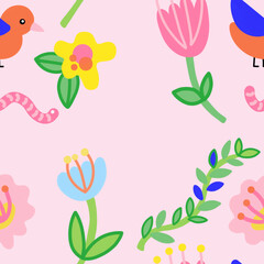 Colorful birds and flowers seamless pattern