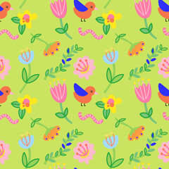 Colorful birds and flowers seamless pattern