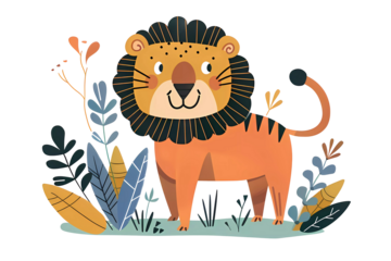 Cute lion,safari animals.Wild animals of Africa.Simple cartoon flat illustration on transparent background PNG