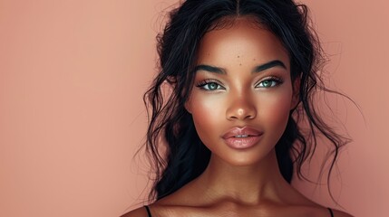 Naklejka premium A striking portrait of a woman with impeccable makeup set against a soft pink background. The focus is on her flawless complexion, expressive eyes, and captivating lips.