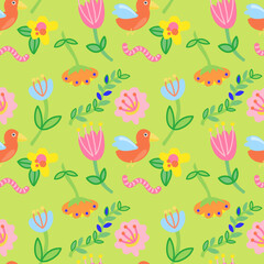 Colorful birds and flowers seamless pattern