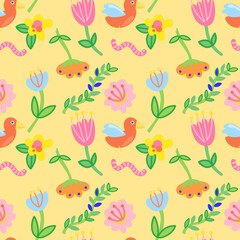 Colorful birds and flowers seamless pattern