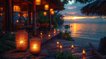 An outdoor beach dining area is illuminated by lanterns and candles, with the setting sun creating a beautiful and relaxing environment perfect for a romantic evening or event.