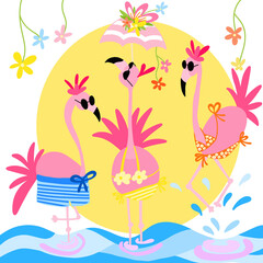 Cartoon flamingos at the beach