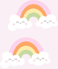 Cute Rainbow and Smiling Clouds Illustration on pastel pink background