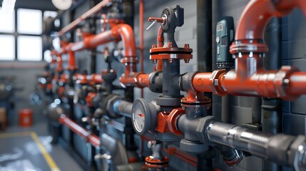Obraz premium Industrial Piping System with Valves and Gauges