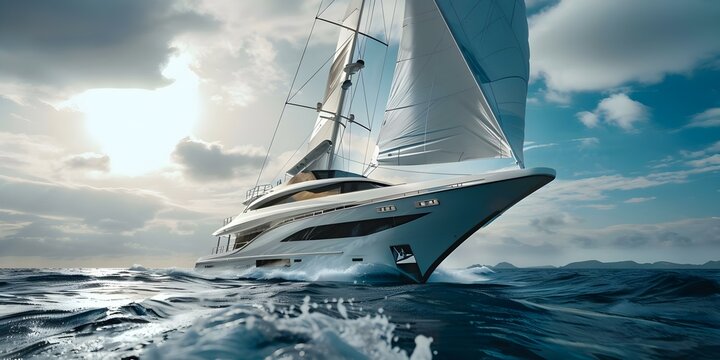 Yacht gracefully sails with gyroscopic stabilization for stability at high speeds. Concept Yacht Stabilization, High Speed Yachting, Gyroscopic Technology, Graceful Sailing, Yacht Stability