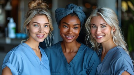 Fototapeta premium Three dedicated nurses in blue scrubs smile warmly at the camera. Their teamwork and camaraderie reflect their dedication and professionalism in a clinical setting.