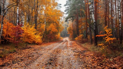 Obraz premium Parquet path surrounded by autumn colors for photo opportunities
