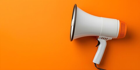 Promotional Megaphone Announcement Sales Discounts on Orange Background with Space for Copy. Concept Sales Promotion, Megaphone Announcement, Discounts, Orange Background, Copy Space