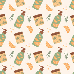 Hair and body care seamless pattern. Cream, shampoo or shower gel on a light beige background. Vector illustration for beauty design