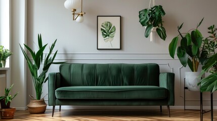 Stylish home interior with green velvet sofa plants and mockup poster space