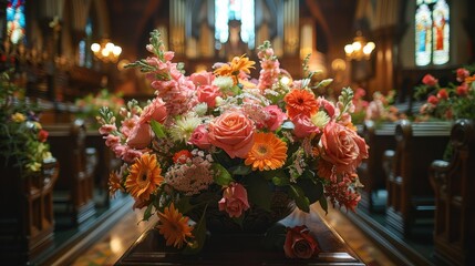 A vibrant floral arrangement featuring roses and daisies placed in a beautifully decorated church aisle with stained glass windows in the background.