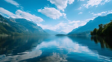 Fototapeta premium A serene mountain lake nestled between rugged peaks with a view of the clear sky. reflecting the surrounding snow-capped mountains.
