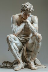 A detailed sculpture of a muscular male with intricately carved drapery, showcasing realistic anatomy and skillful craftsmanship.