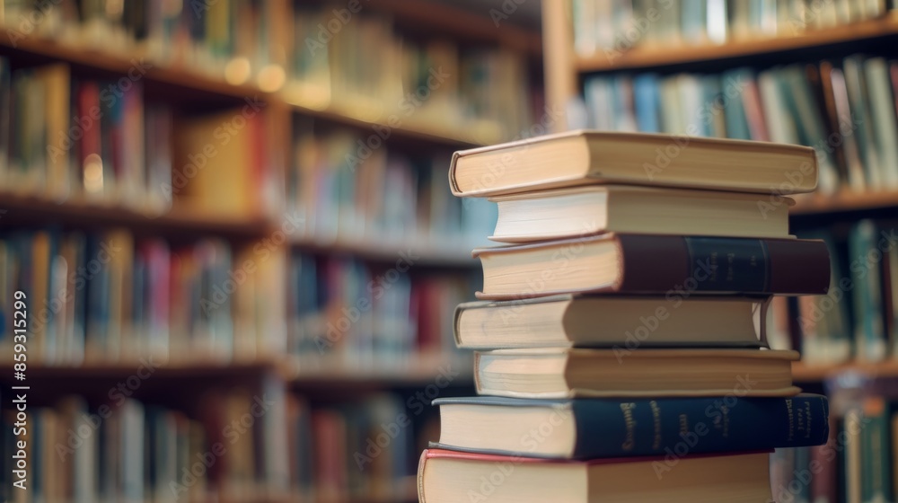 Poster stack of books in a blurred library setting