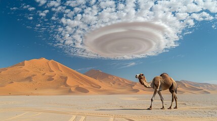 Lone camel treks through vast desert below breathtaking lenticular cloud formation.