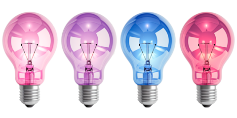 Set with pink, purple and blue lightbulbs isolated on transparent background.