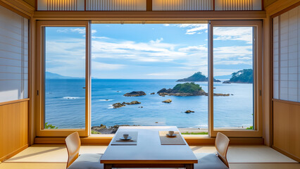 Fototapeta premium Interior of Japanese house overlooking the sea, minimalist design, time of relax.