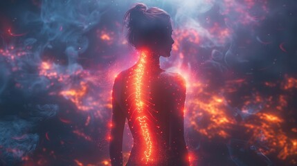 Back view of a person standing in a dark room with a glowing spine, surrounded by abstract smoke and glowing points, symbolizing inner strength, resilience, and transformation.