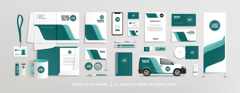 Pefect vector Brand Identity concept of stationery Mock-Up set with green abstract graphics (set 2). Corporate style on stationery mockup template of File folder, annual report, van car, AD banner