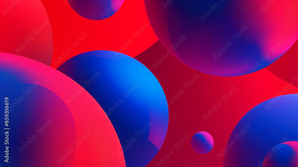Poster a red background with blue spheres in the foreground. the spheres are of different sizes and are sca