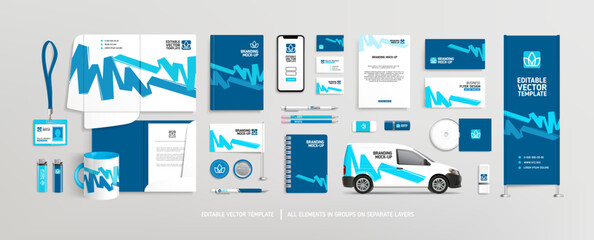 Vector Brand Identity concept of editable stationery Mock-Up set with green abstract graphics (set 5). Corporate style on stationery mockup template of File folder, annual report, van car, AD banner