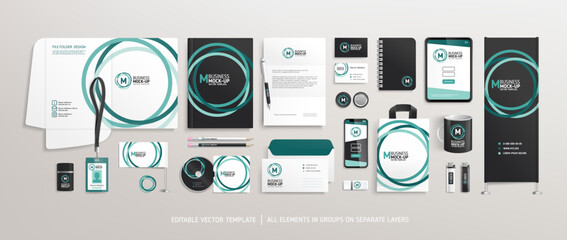 Vector Brand Identity concept of stationery Mock-Up set with green abstract graphics (set 4). Corporate style layout on stationery mockup template of File folder, annual report, van car, AD banner