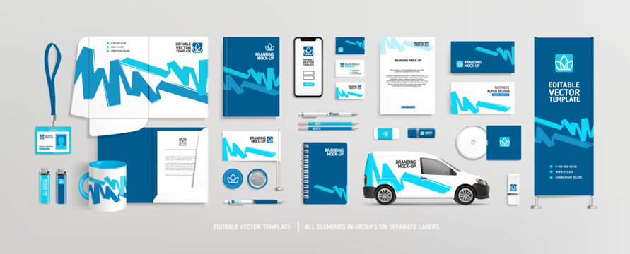 Vector Brand Identity concept of editable stationery Mock-Up set with green abstract graphics (set 5). Corporate style on stationery mockup template of File folder, annual report, van car, AD banner