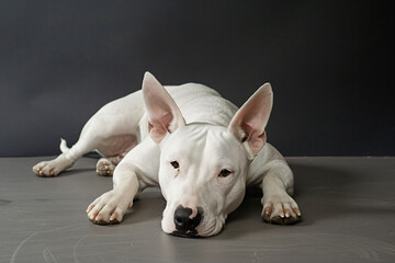 Obraz premium a white dog laying on a floor with its head on the ground
