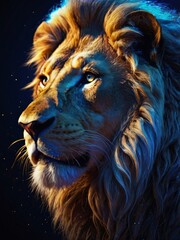 Fototapeta premium close up portrait of a lion, Blue luminescent