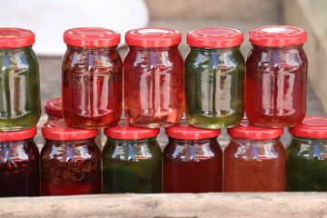 traditional jam in jars in an open market in Turkey