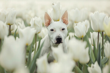 Obraz premium a white dog standing in a field of white flowers