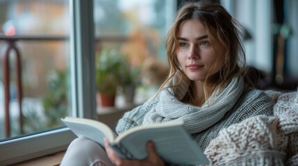 Fototapeta premium woman is reading a book at home
