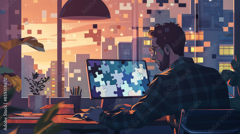 Poster man desk computer puzzle screen