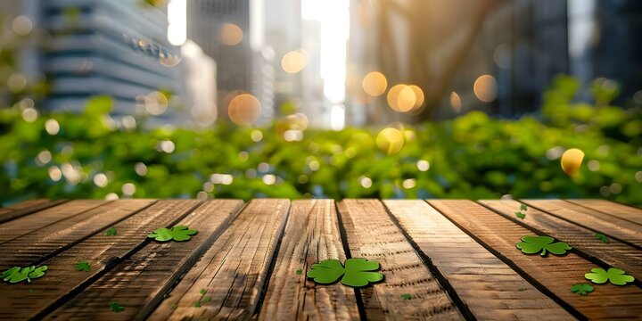 Empty wooden tabletop with St Patricks Day decorations against city street backdrop. Concept St Patricks Day, Table Setting, Cityscape, Decorations, Urban Background - Powered by Adobe