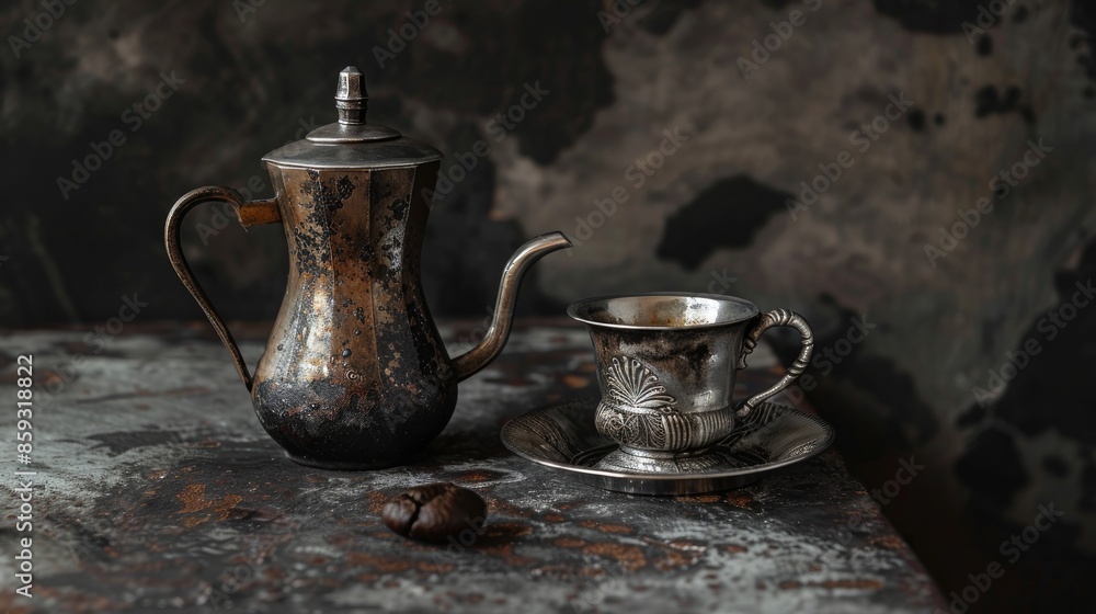 Wall mural vintage cup and metal coffee pot with black coffee set against dark background