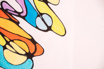 Neurographic drawing colored with colored pencils on white paper.