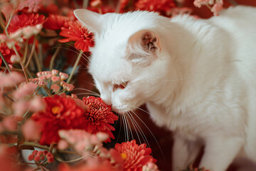 a white cat sniffing a bunch of red flowers