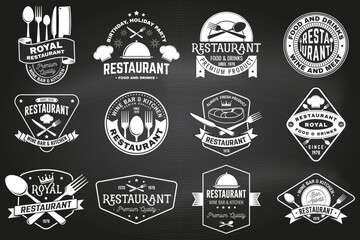 Set of Restaurant logo on the chalkboard. Vector. Vintage graphic design for logotype, label, badge with plate, steak, cloche with lid, fork and knife. Cooking, cuisine logo for menu restaurant or