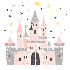 Fototapeta premium Cute fairy tale princess castle, baby print.Simple cartoon flat illustration on transparent background PNG