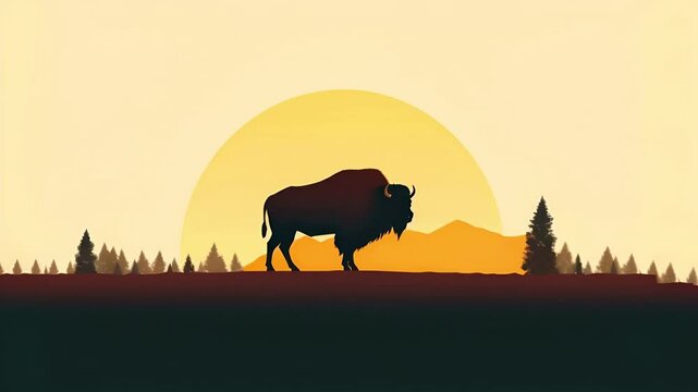 Silhouette of a bison against the backdrop of a landscape with the setting sun